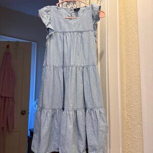 jcrew ruffle sleeve tiered denim dress